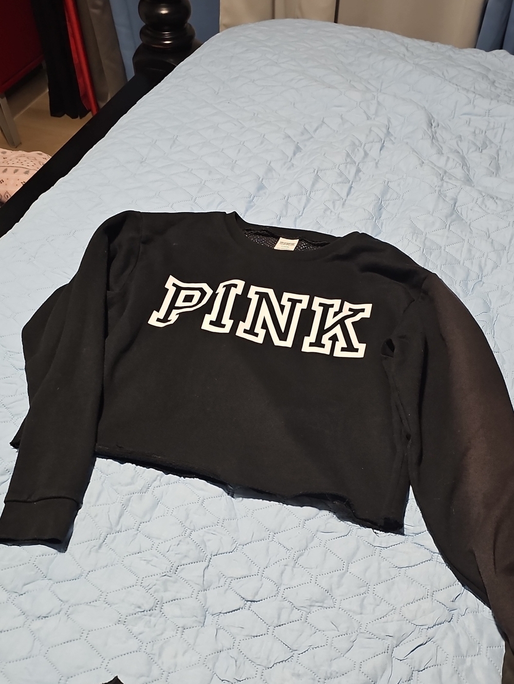 PINK Victoria's Secret Black Cropped Crew Sweatshirt with White Logo